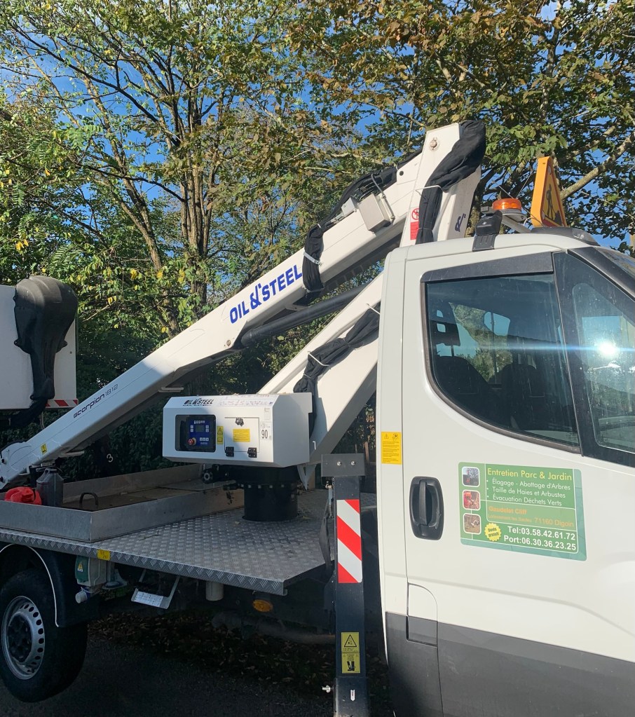 Camion Nacelle, utilisé pour l’élagage d’un acacia et abattage d’un charme à la Motte Saint Jean 71160 dans la Saône et Loire.