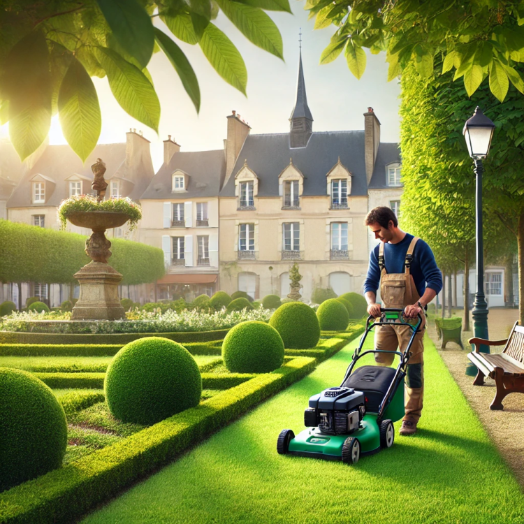 Représentation l’entretien de jardin, un jardinier elagueur tond l’herbe sur fond la ville de Gueugnon